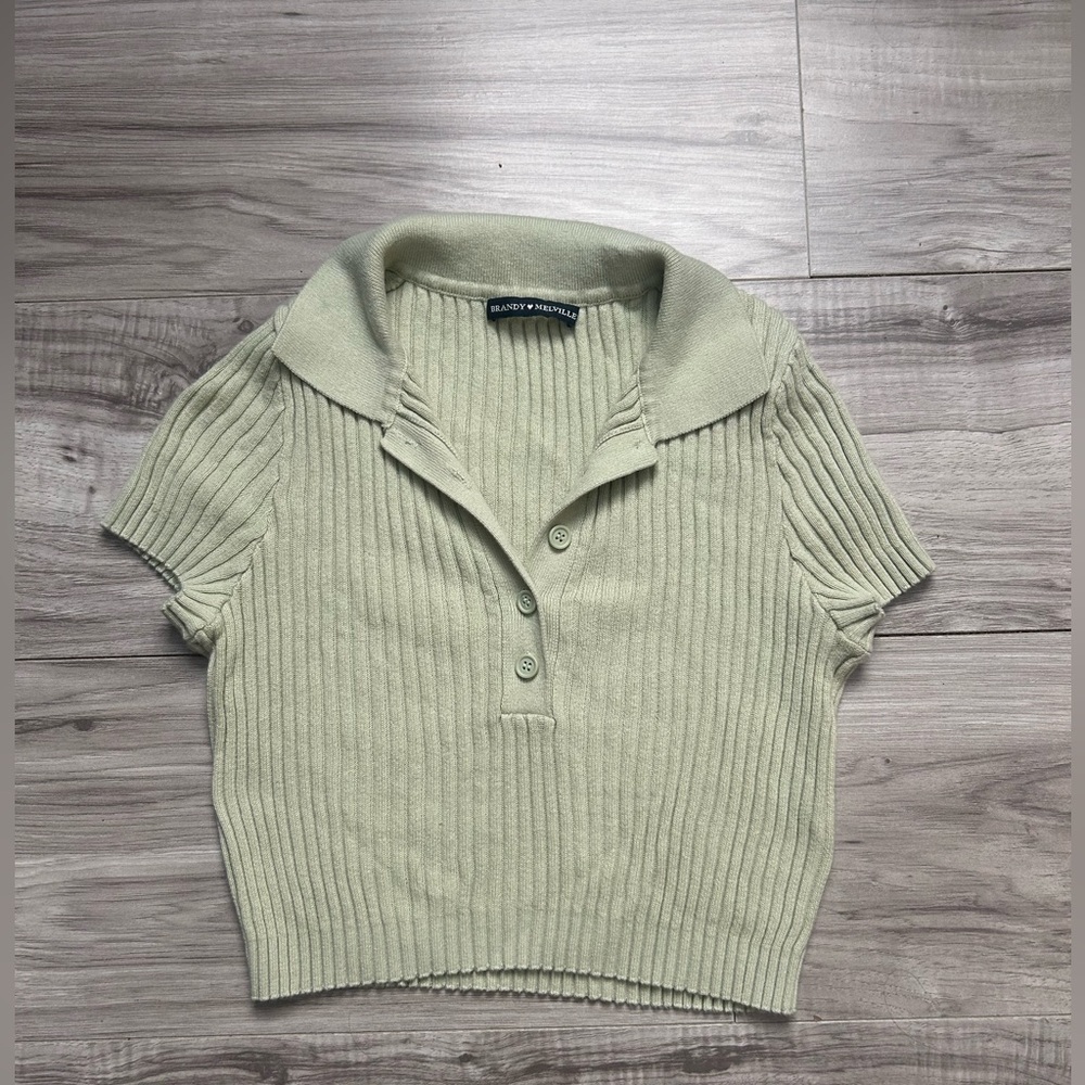 Brandy Melville Sage Green Ribbed Knit Polo Crop Top